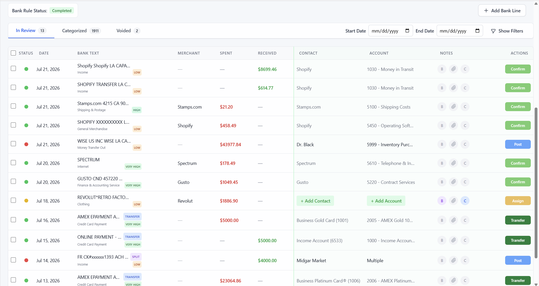 Flow Keeping transaction categorization with confirm and account columns